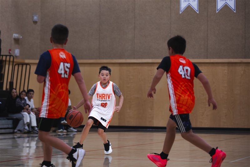 Basketball player facing two defenders